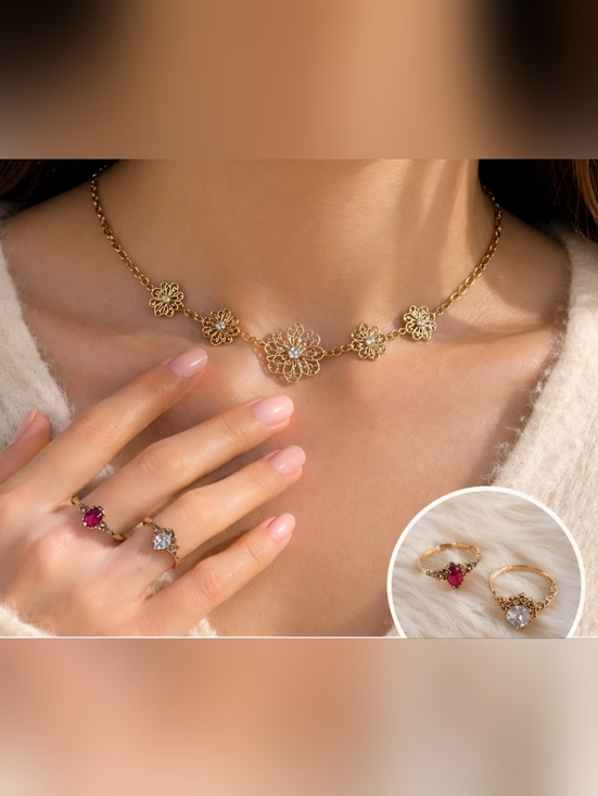 Jewelry - Elegant Gold Floral Bracelet and Ring Set